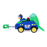 Side view of the PAW Patrol Chase Dino Rescue Cruiser with extended claw, Chase and green dinosaur