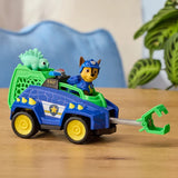 PAW Patrol Chase Dino Rescue Cruiser with Chase seated inside, green dinosaur in the rear and rescue claw extended