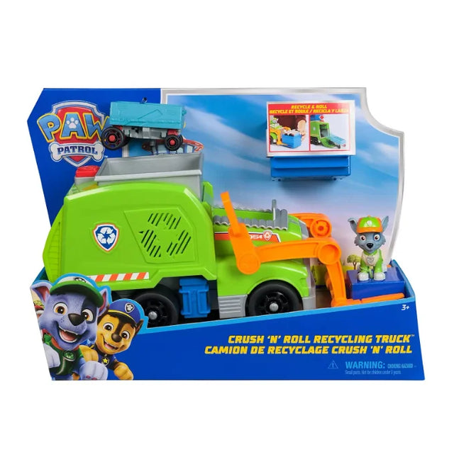 Paw Patrol Crush N Roll Recycling Truck boxed with Rocky figure and blue transforming bin accessory