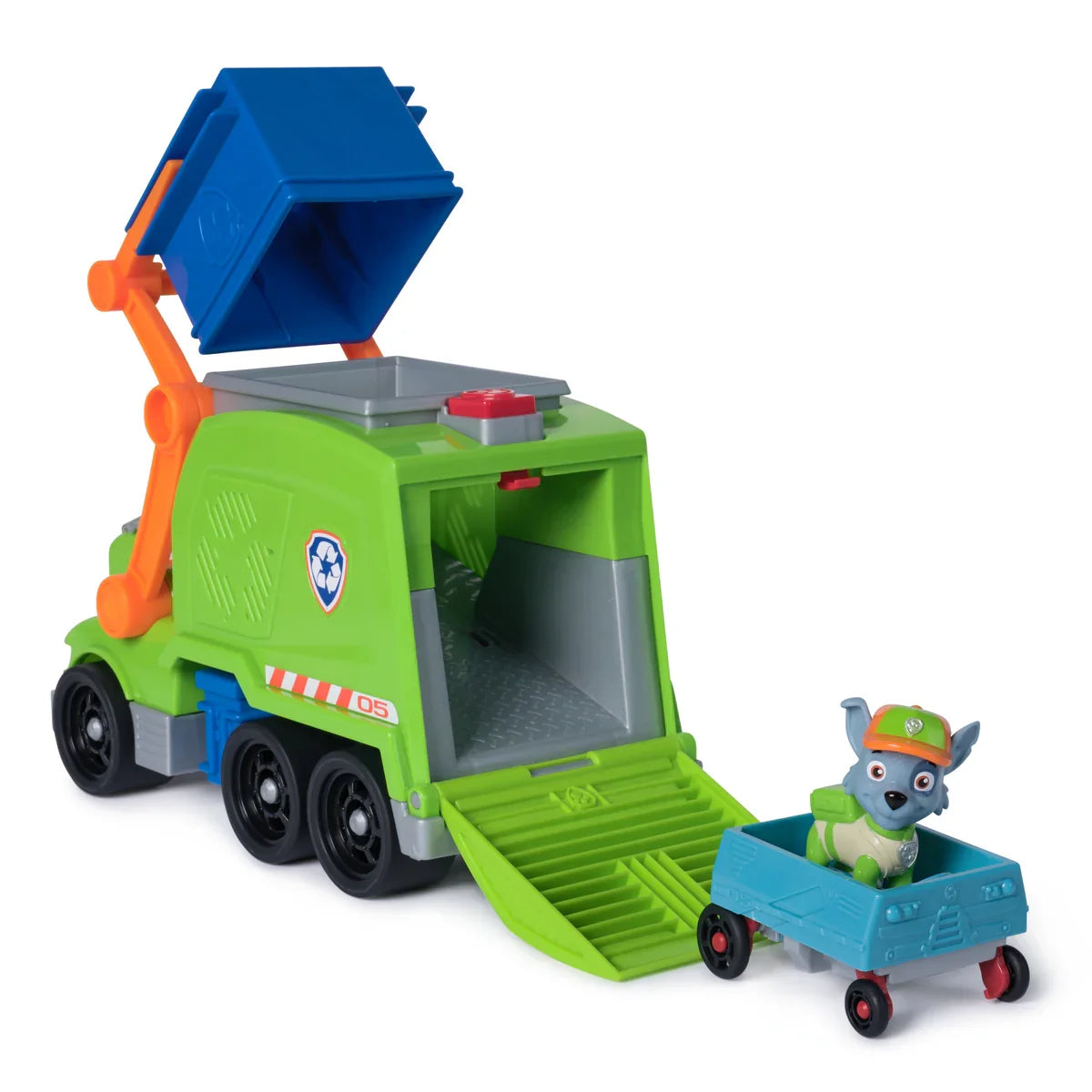 Paw Patrol Crush N Roll Recycling Truck rear angle showing open ramp, Rocky, and blue mini recycling cart