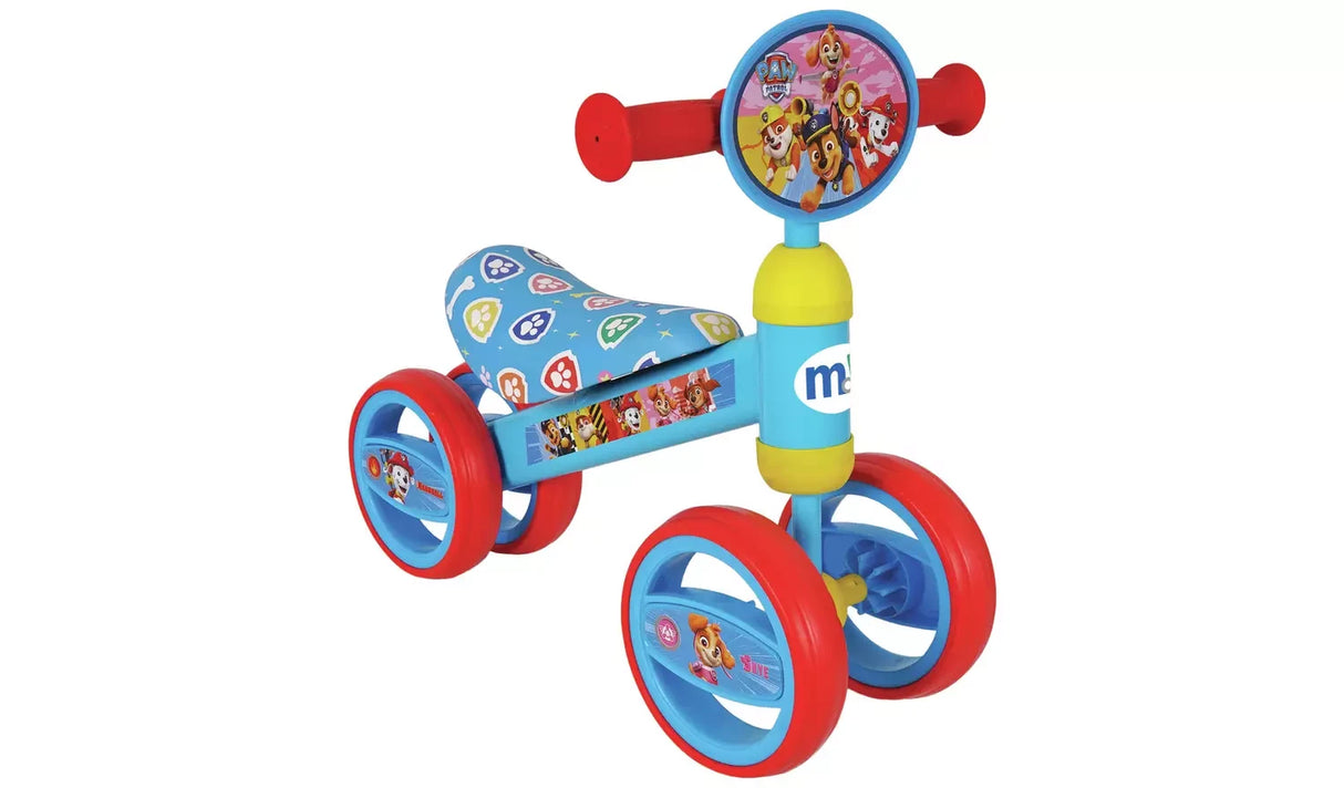 PAW Patrol Bobble Ride On shown from a front angle with red handles, blue seat and red wheels