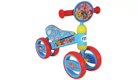 PAW Patrol Bobble Ride On shown from a front angle with red handles, blue seat and red wheels