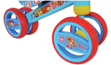 Close up of PAW Patrol Bobble Ride On front wheel, blue frame and character graphic