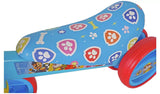 Close up of PAW Patrol Bobble Ride On blue seat with paw print and bone pattern