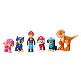 PAW Patrol Dino Adventure figures of Skye, Chase, Ryder, Marshall, Rex and an orange dinosaur lined up