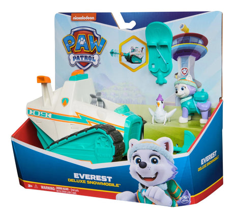 PAW Patrol Everest Deluxe Snowmobile Vehicle shown in front box packaging with Everest and Chickaletta figures