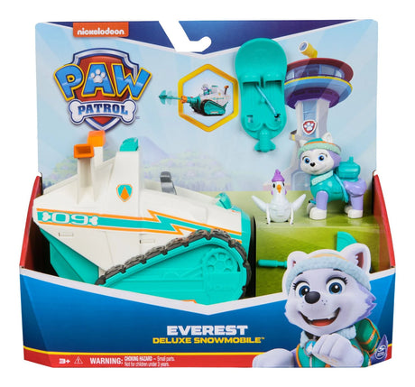 PAW Patrol Everest Deluxe Snowmobile Vehicle shown in angled box packaging with Everest and Chickaletta figures