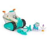PAW Patrol Everest Deluxe Snowmobile Vehicle shown with Everest, Chickaletta, snowboard and projectile