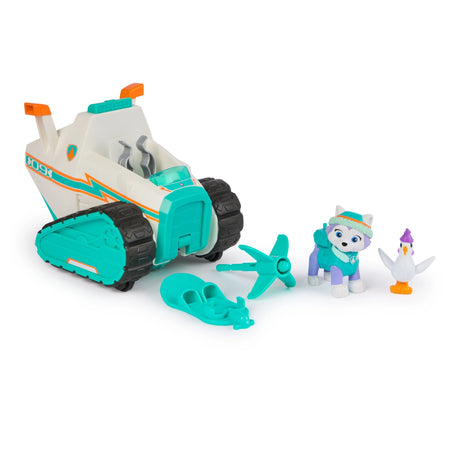 PAW Patrol Everest Deluxe Snowmobile Vehicle shown with Everest, Chickaletta, snowboard and projectile