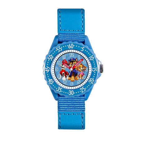 Paw Patrol Fabric Strap Time Teacher Watch close-up showing Chase, Marshall and Skye on the dial with labelled hour and minute hands