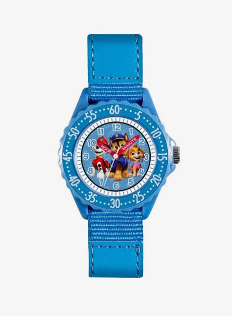Paw Patrol Fabric Strap Time Teacher Watch front close-up with blue numbered bezel, Paw Patrol dial artwork and blue fabric strap