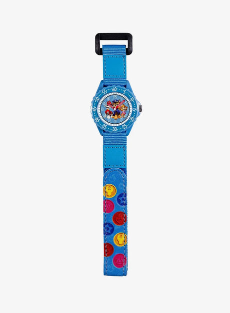 Paw Patrol Fabric Strap Time Teacher Watch full length front view with blue fabric strap, Paw Patrol character print and numbered minute bezel