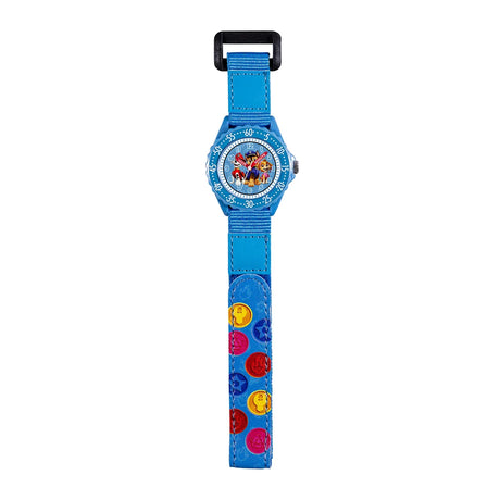 Paw Patrol Fabric Strap Time Teacher Watch full view with blue fabric strap, colourful Paw Patrol print and easy read analogue dial
