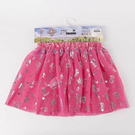 Rear view of the Paw Patrol pink tutu skirt on branded packaging showing the silver character and star print