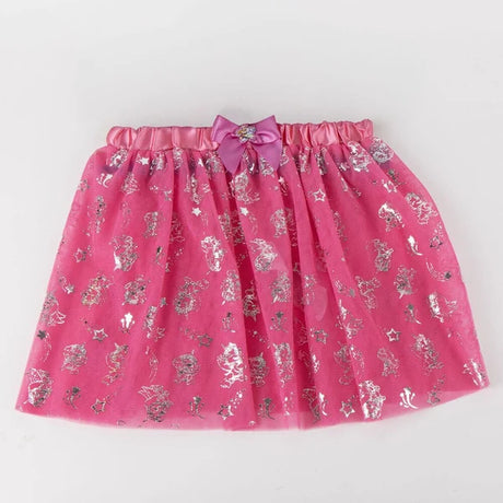 Paw Patrol pink tutu skirt with silver character and star print and pink bow at the waistband