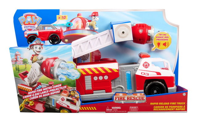 Paw Patrol Fire Rescue Deluxe Fire Truck boxed set with Marshall figure, water launcher, and ladder visible