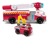 Paw Patrol Fire Rescue Deluxe Fire Truck with Marshall mini rescue vehicle, yellow crane arm, and side panel open