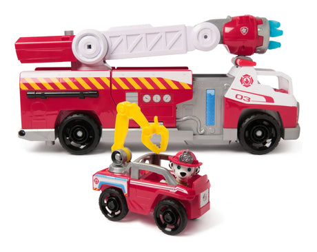 Paw Patrol Fire Rescue Deluxe Fire Truck with Marshall mini rescue vehicle, yellow crane arm, and side panel open