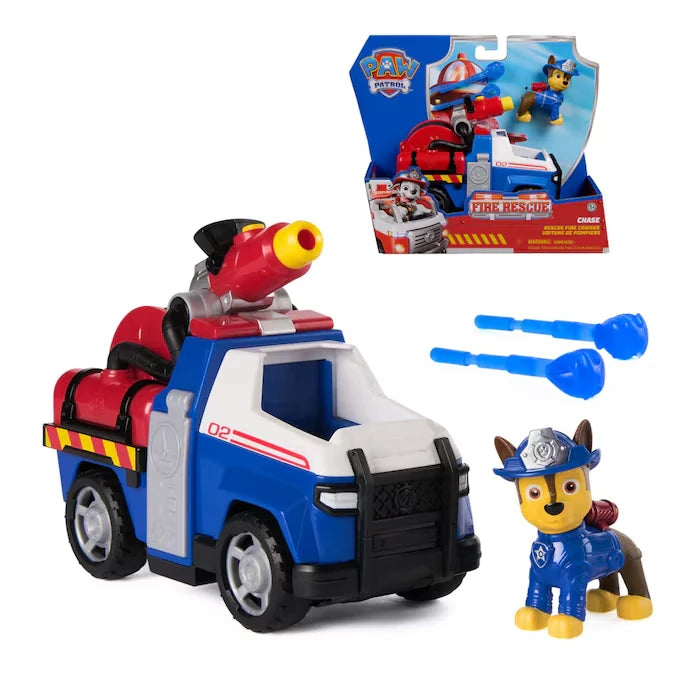 Chase fire rescue vehicle with figure, blue projectiles and packaging inset