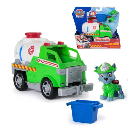 Rocky green fire rescue vehicle with figure, blue container and packaging inset