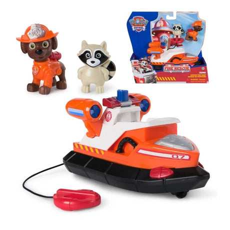 Zuma orange hovercraft with figures, red rescue hook and packaging inset