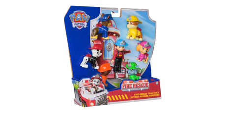 PAW Patrol Fire Rescue Team Pack shown in angled packaging with seven figures visible