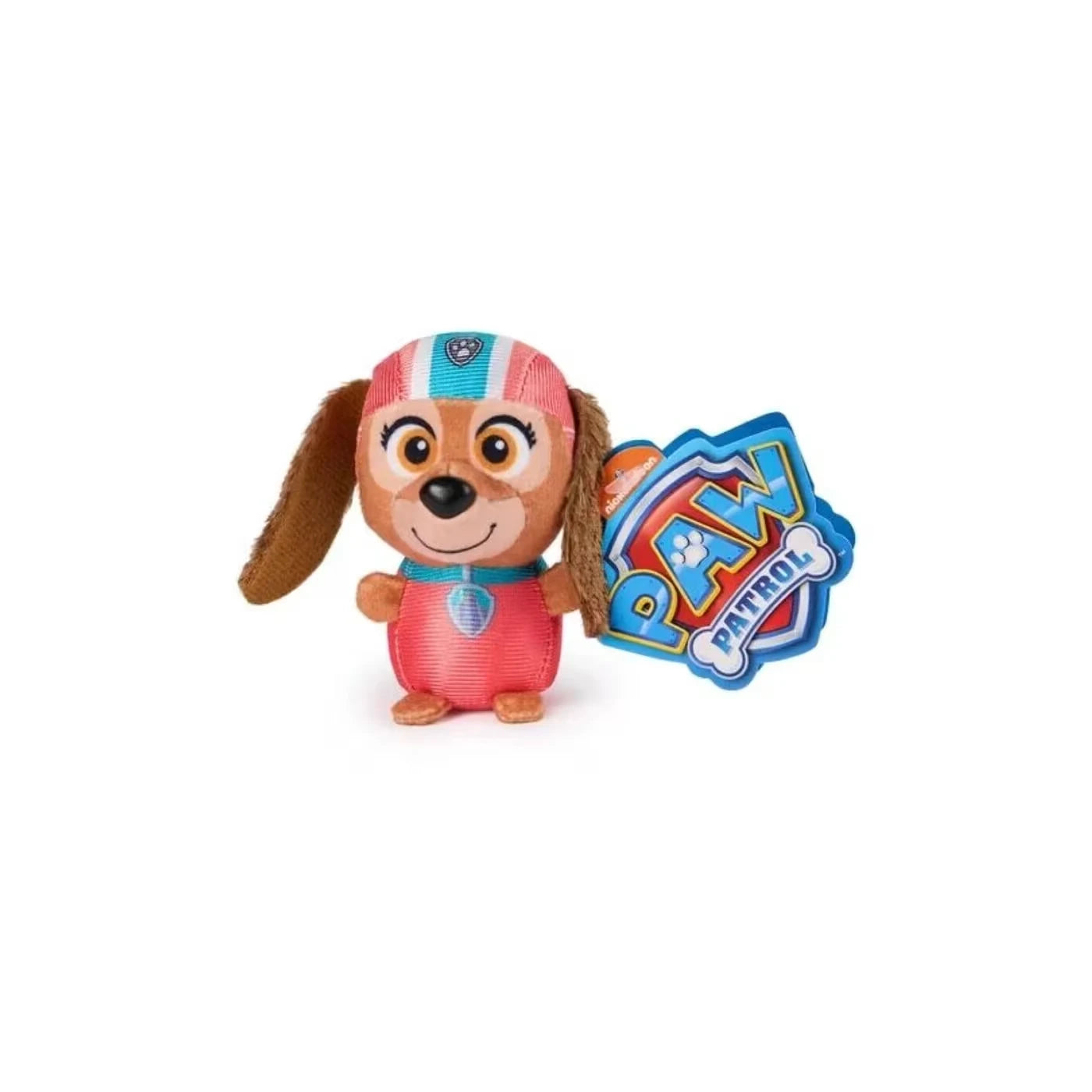 Brown PAW Patrol puppy plush in pink outfit with tag