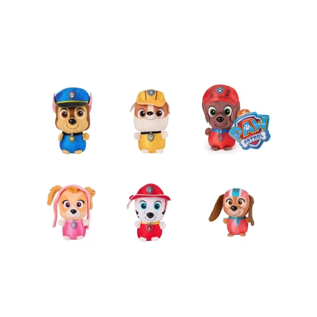 Six PAW Patrol mini plush pups shown together