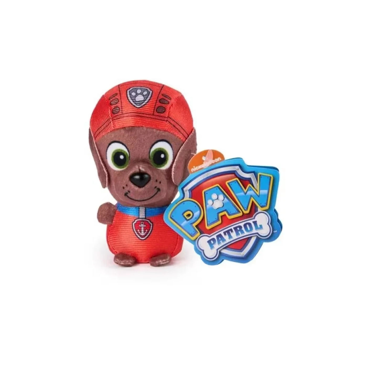 Zuma mini plush in orange outfit with PAW Patrol tag