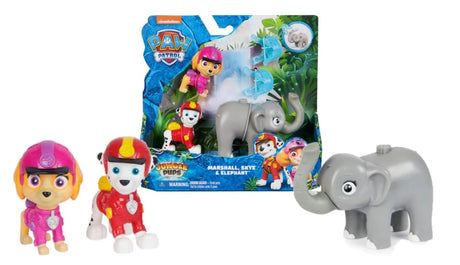 PAW Patrol Jungle Pups Marshall and Skye figure set shown with packaging and unboxed figures