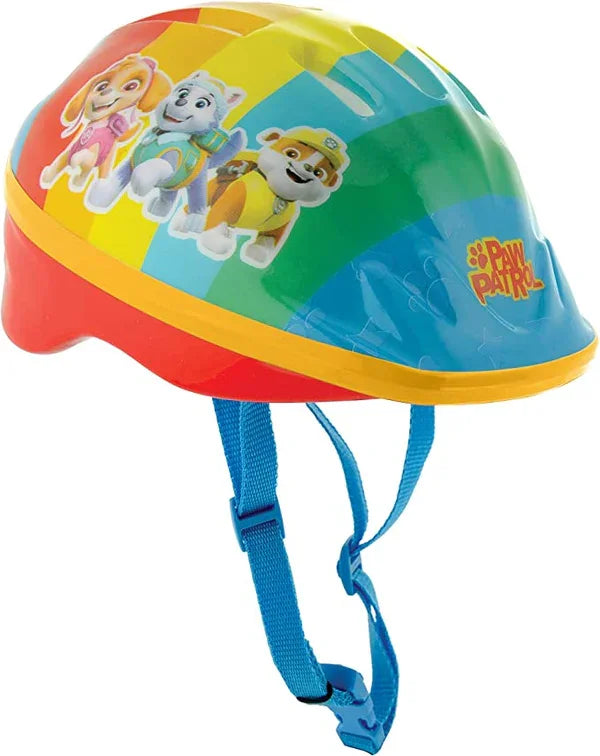 Paw Patrol kids helmet front angled view with rainbow colours and character graphics on a white background