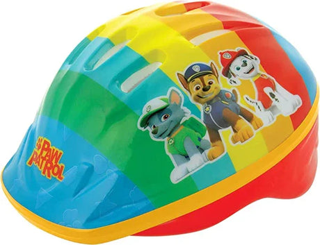 Paw Patrol kids helmet side angled view showing rainbow design and character artwork