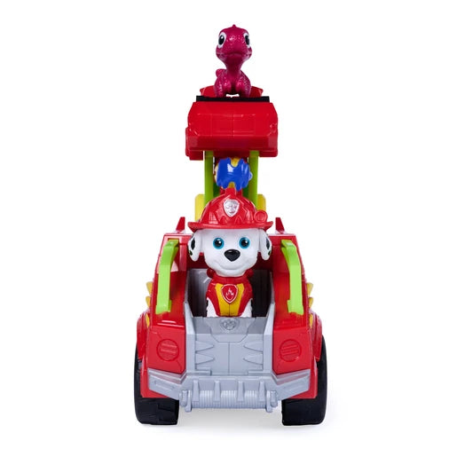 Front view of the PAW Patrol Marshall Dino Rescue Fire Truck with Marshall in the cab and red dinosaur figure above