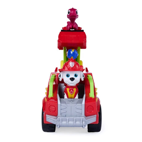 Front view of the PAW Patrol Marshall Dino Rescue Fire Truck with Marshall in the cab and red dinosaur figure above