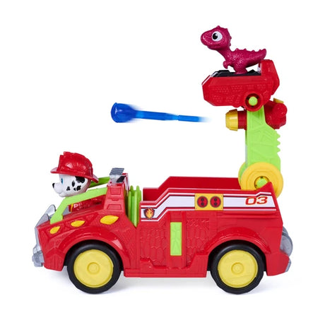 Side view of the PAW Patrol Marshall Dino Rescue Fire Truck launching a blue projectile with Marshall and red dinosaur figures