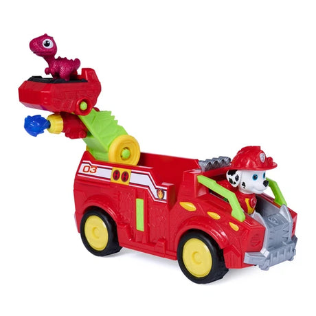 PAW Patrol Marshall Dino Rescue Fire Truck with Marshall in the cab and red dinosaur figure on the raised ladder