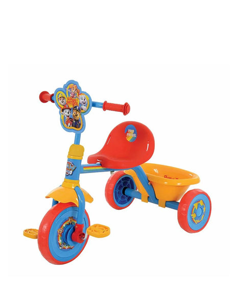 PAW Patrol My First Trike shown from the side with orange rear bucket, red seat and character handlebar plaque