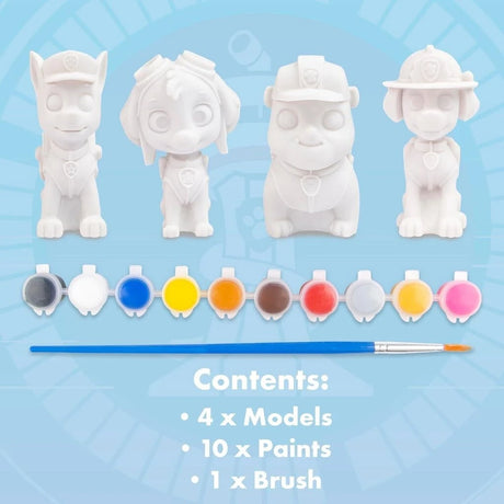 Four unpainted PAW Patrol figures shown with 10 paint pots and brush