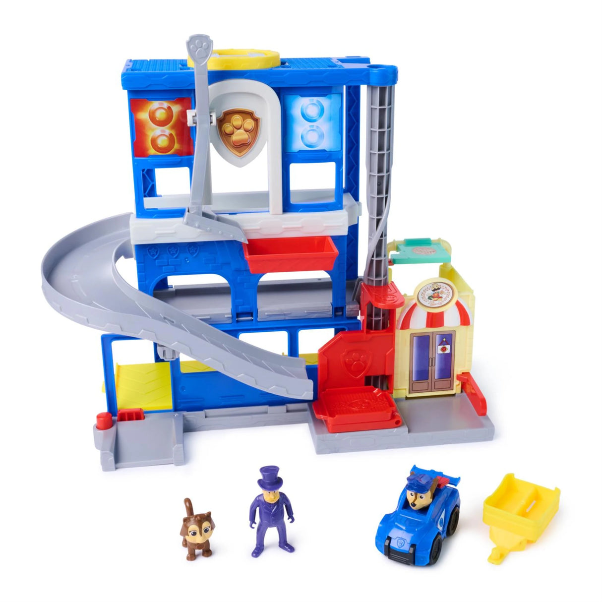 PAW Patrol Pup Squad Search and Rescue HQ Playset assembled on white background with rescue tower slide launcher and included figures and vehicle
