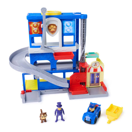 PAW Patrol Pup Squad Search and Rescue HQ Playset assembled on white background with rescue tower slide launcher and included figures and vehicle