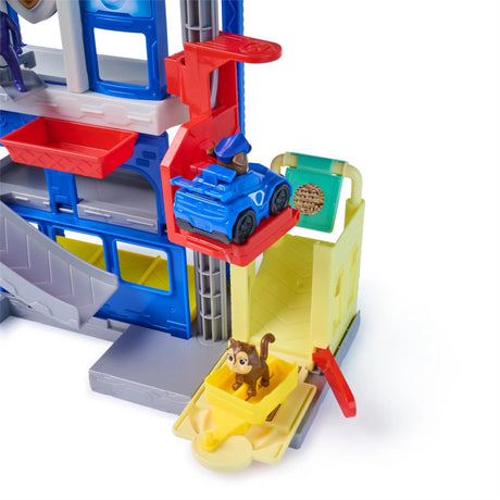 PAW Patrol Pup Squad Search and Rescue HQ Playset close up showing red elevator platform with Chase Pup Squad vehicle and yellow rescue cart attached