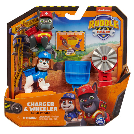 Paw Patrol Rubble & Crew Build-It Figure Pack with Charger and Wheeler figures in open front packaging