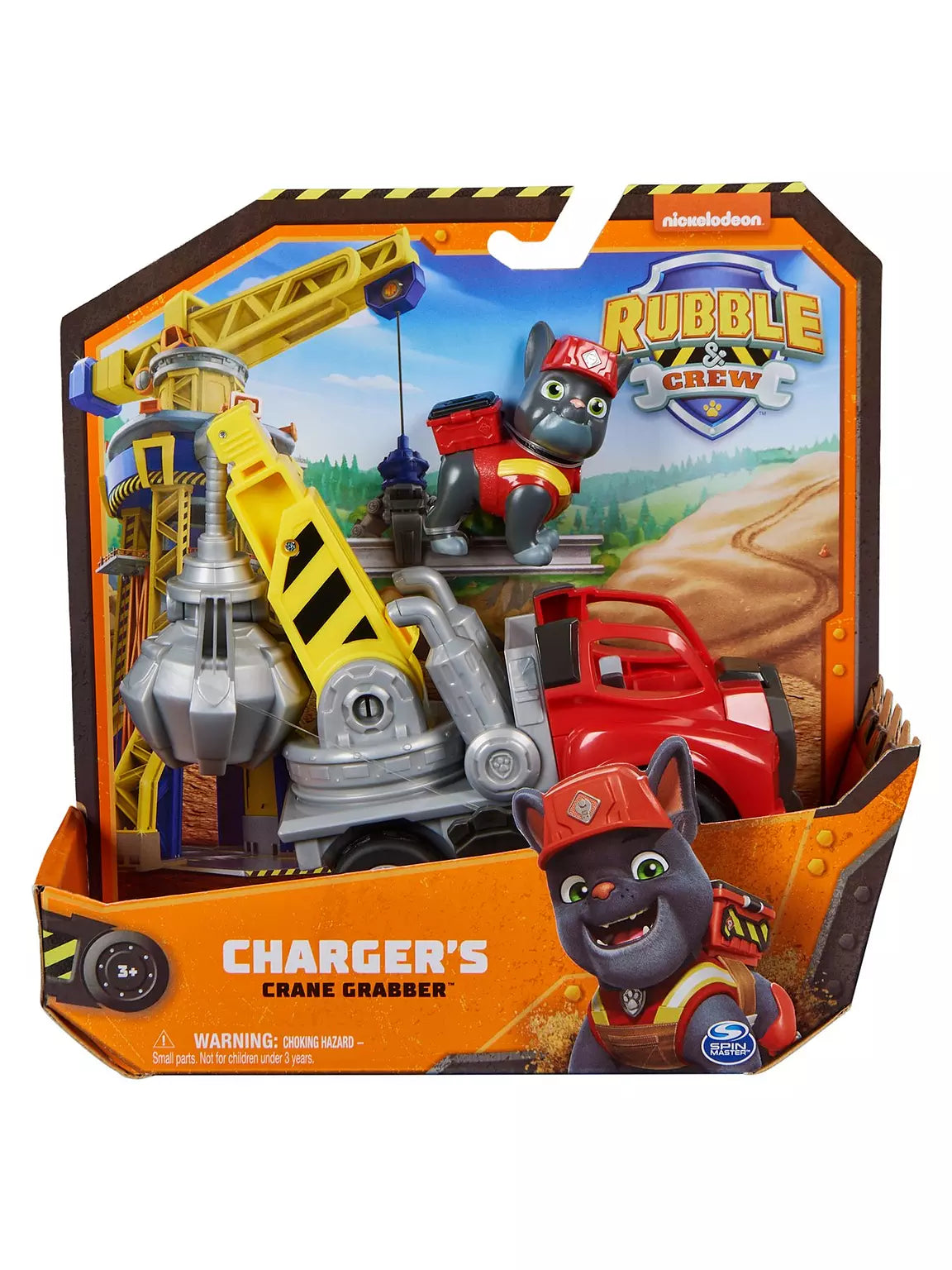 Paw Patrol Rubble & Crew Charger’s Crane Grabber Vehicle And Figure in open front packaging