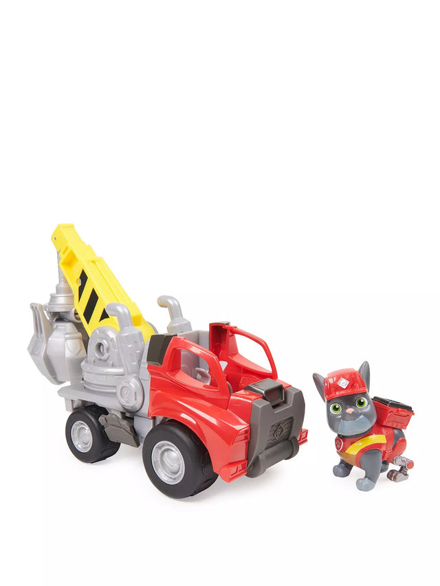 Paw Patrol Rubble & Crew Charger’s Crane Grabber vehicle with Charger figure on a white background