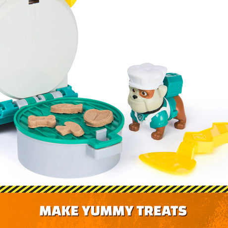 Paw Patrol Rubble & Crew Growlin’ Grub Food Truck Playset showing the grill, treats, Grandpa Gravel figure and tools