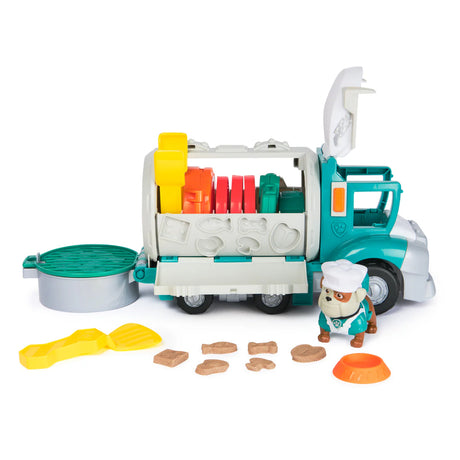 Paw Patrol Rubble & Crew Growlin’ Grub Food Truck Playset truck open with accessories, treats and Grandpa Gravel figure