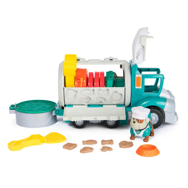 Paw Patrol Rubble & Crew Growlin’ Grub Food Truck Playset truck open with accessories, treats and Grandpa Gravel figure