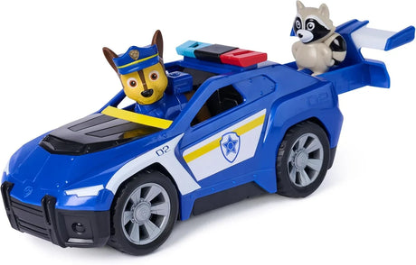 PAW Patrol Search & Rescue Chase Rescue Cruiser shown from an angle with Chase in the driver seat and raccoon in the back