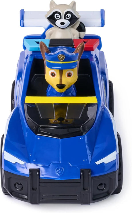 PAW Patrol Search & Rescue Chase Rescue Cruiser shown from the front with Chase in the driver seat and raccoon in the rear seat