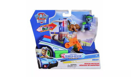 PAW Patrol Search & Rescue Rocky Rescue Recycler box showing vehicle, Rocky figure and animal figure in retail packaging